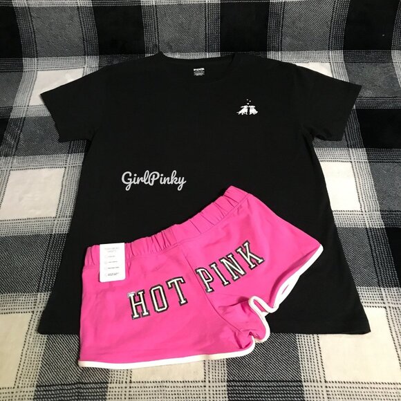 VS PINK PINK GOSSIP GLITTER COTTON MODAL MICRO SHORTS CAMPUS TEE IN SIZE LARGE - Picture 3 of 10